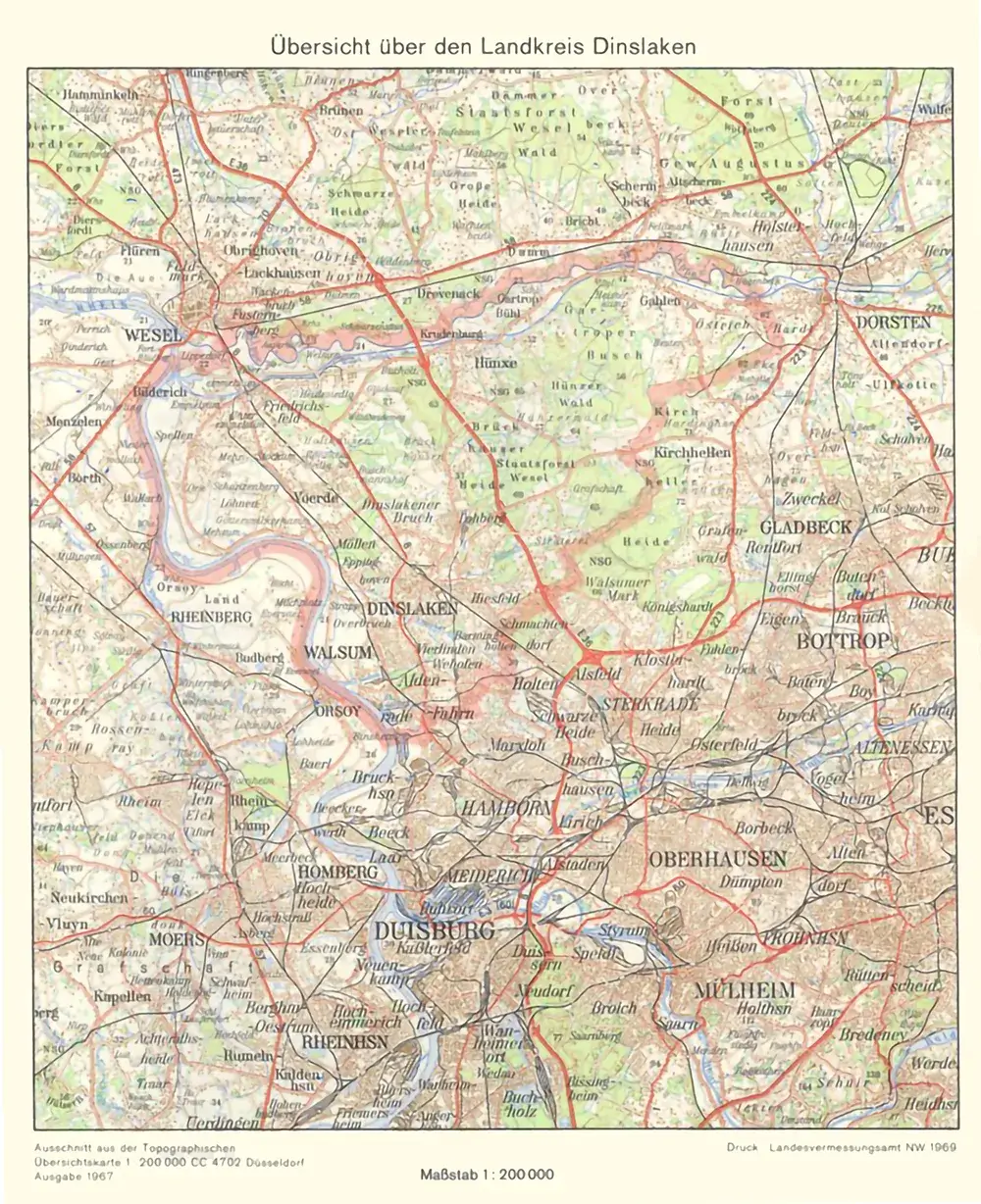 Topografische Karte des Altkreises Dinslakens in den Grenzen bis Ende 1974